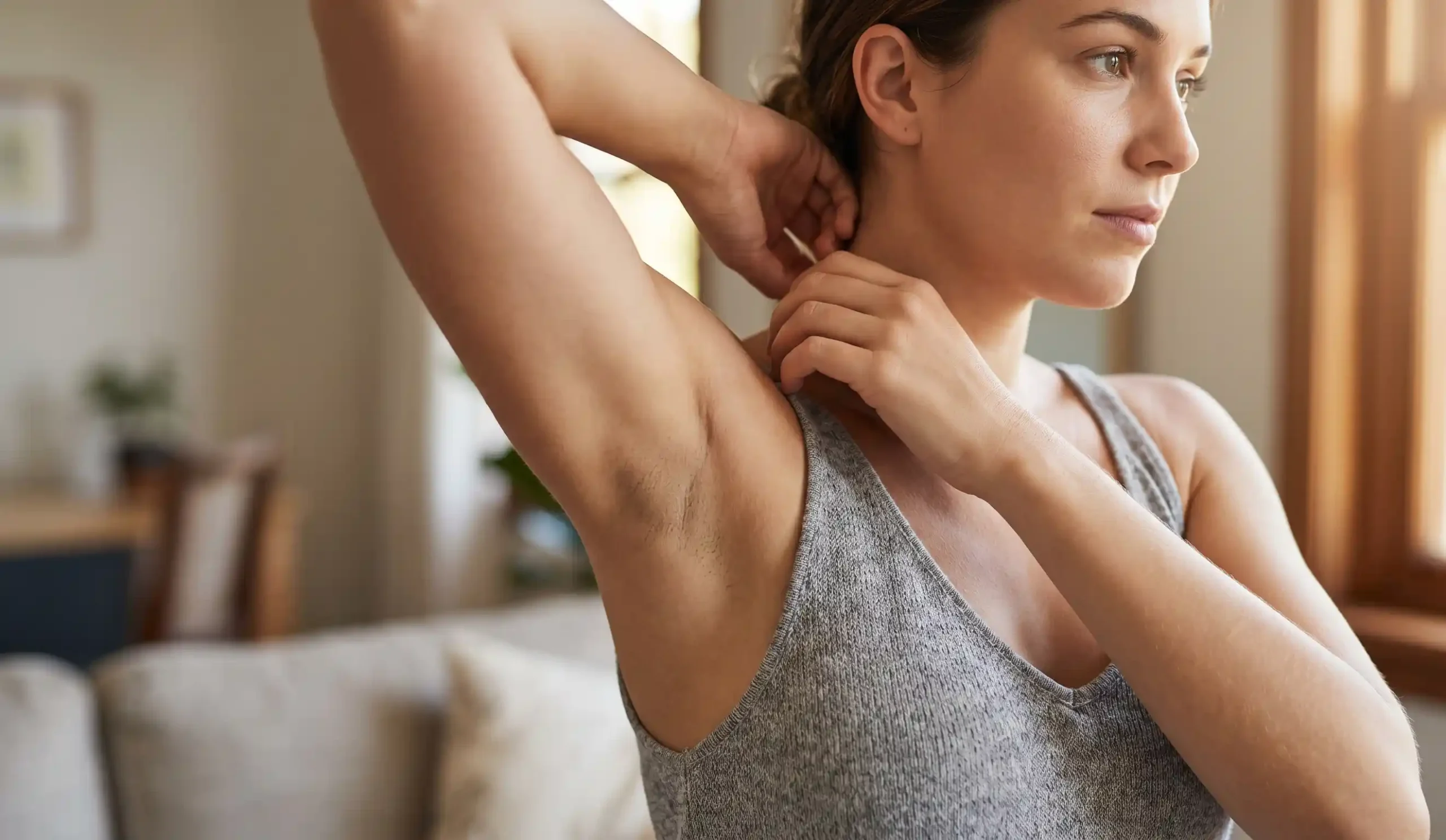 woman raising arm exposing underarm natural pose