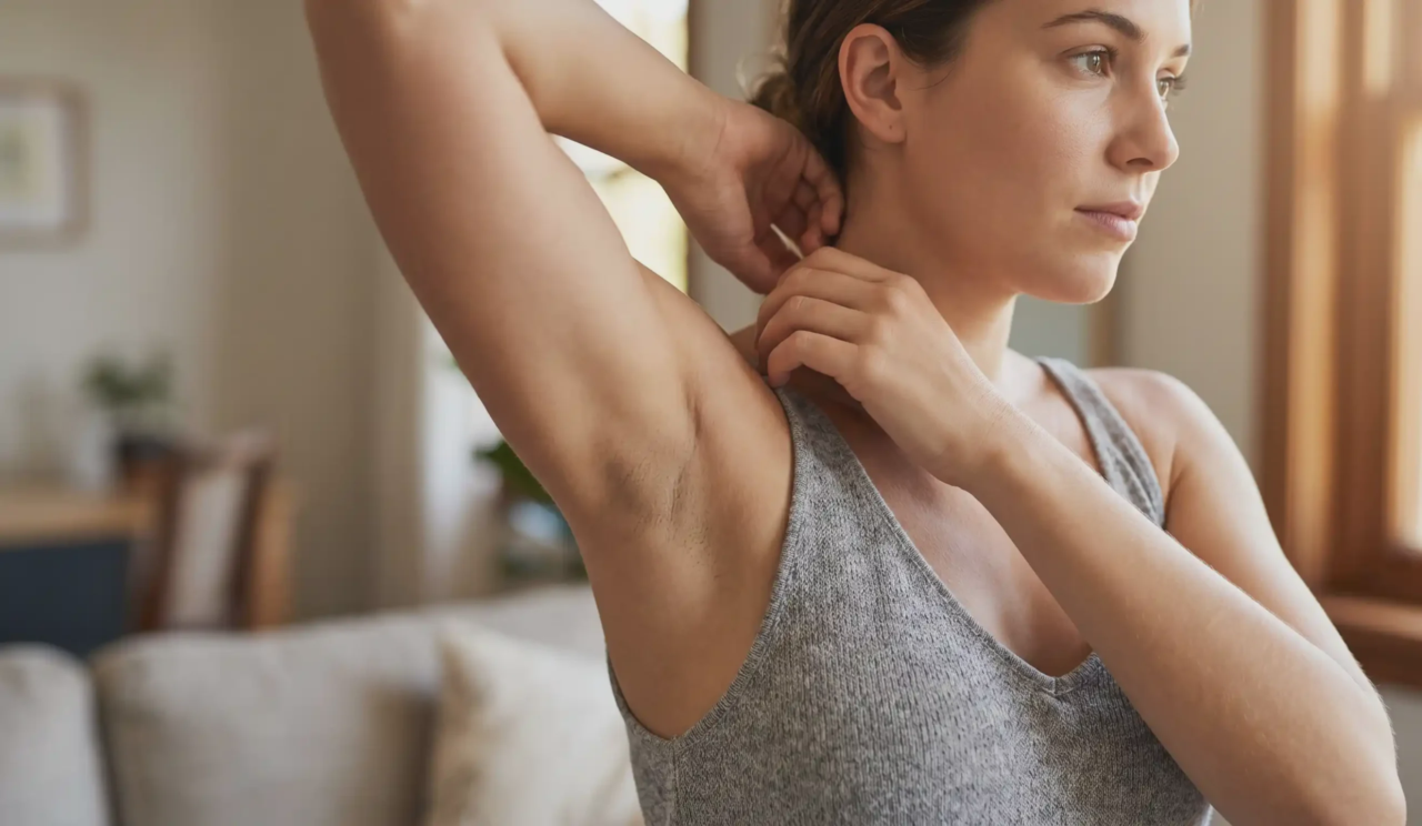woman raising arm exposing underarm natural pose