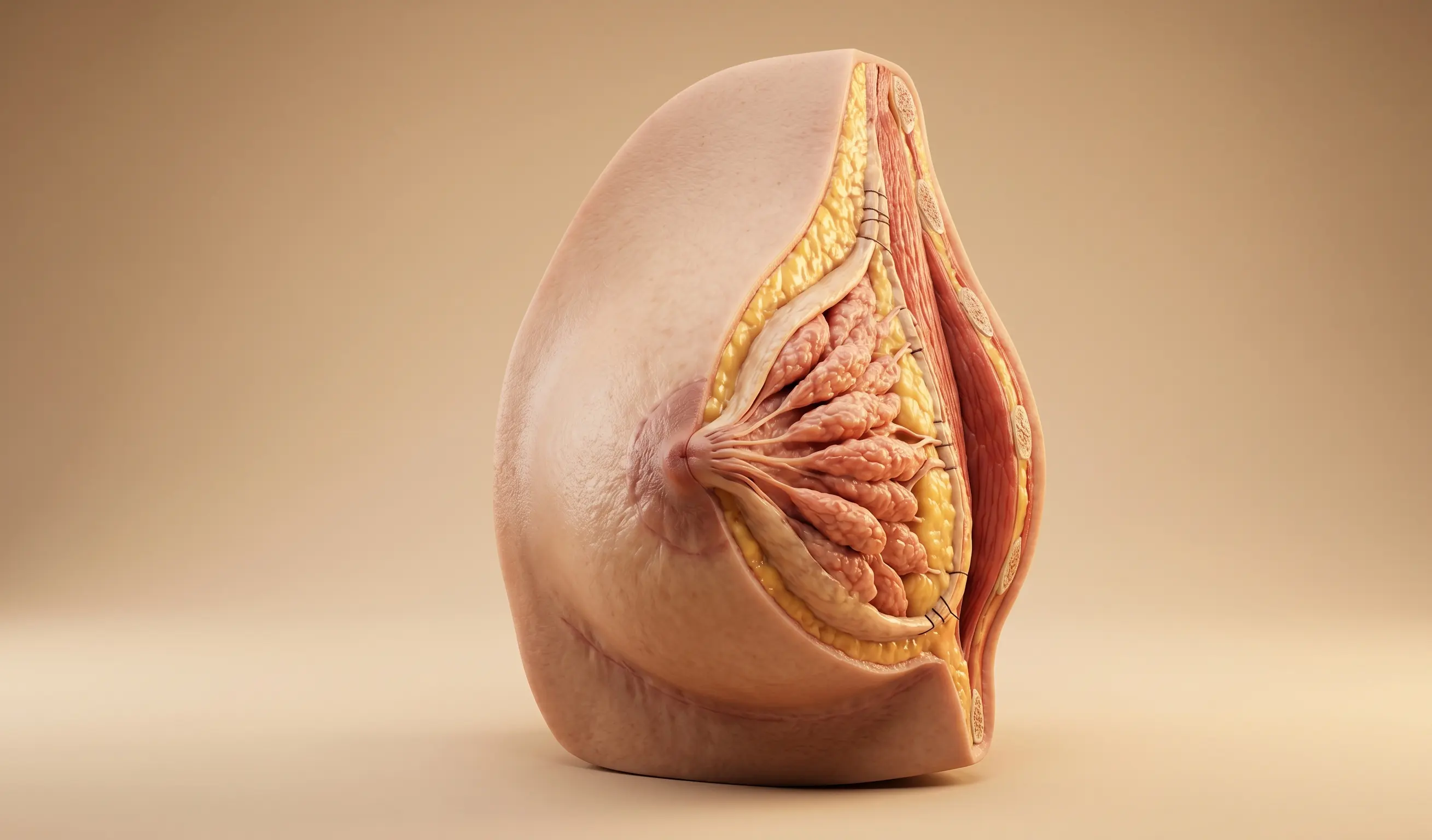 anatomical model of lifted breast with surgical sutures