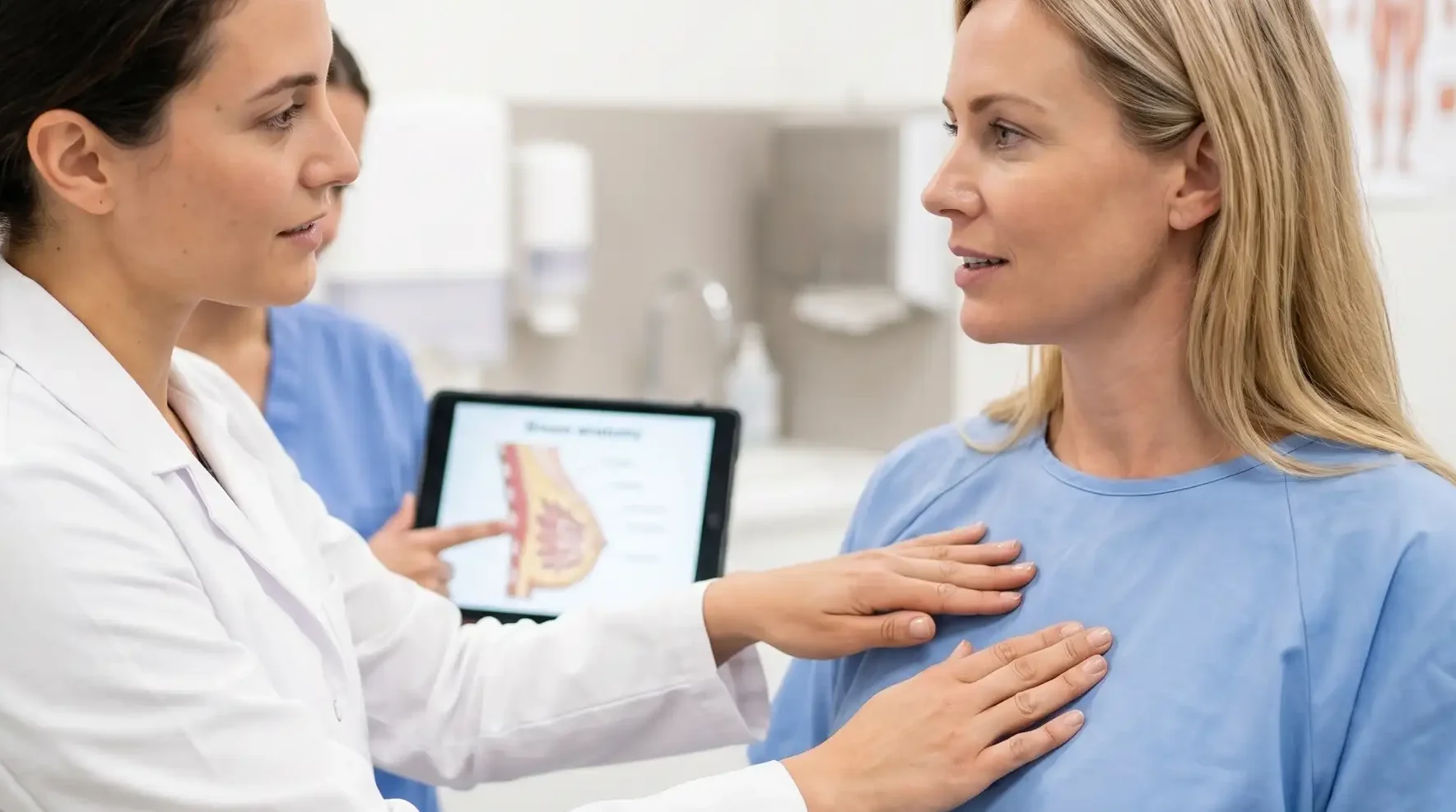 doctor examining breast implant placement