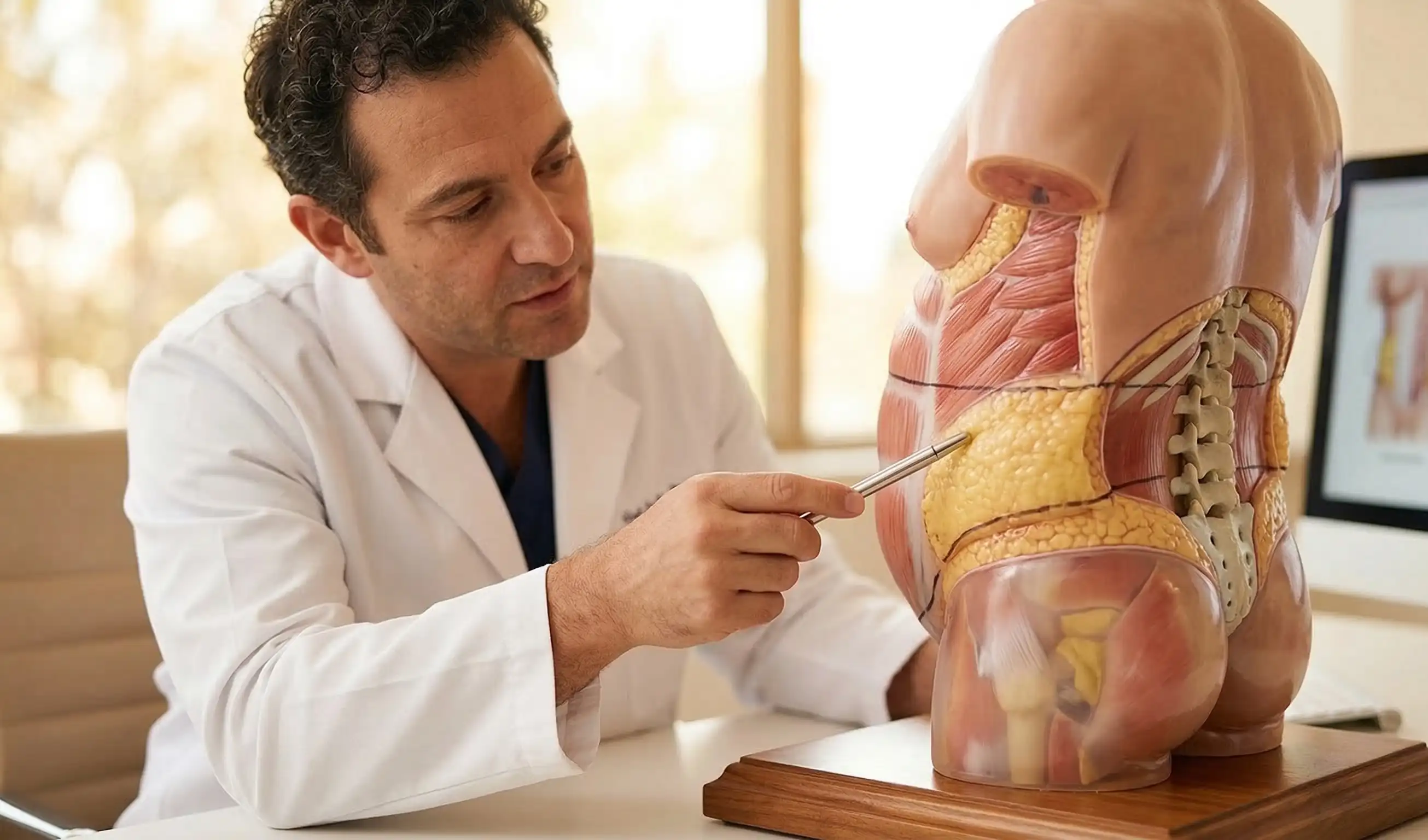 anatomical 360 liposuction doctor pointing 3d body model fat distribution