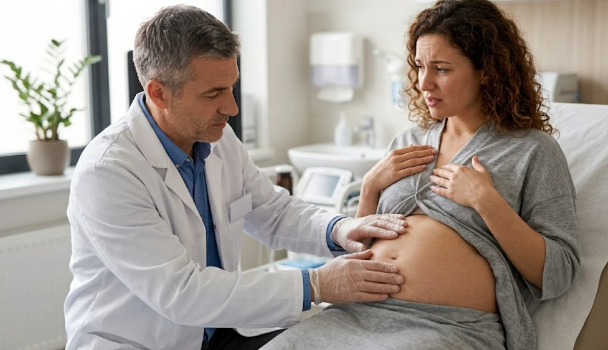 doctor examining patients abdominal swelling