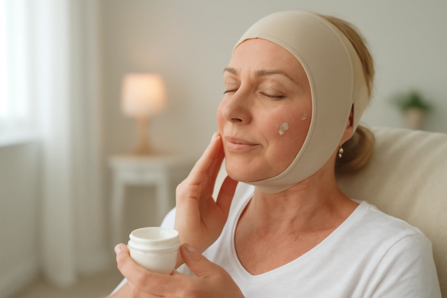 paziente che applica crema lifting sul viso