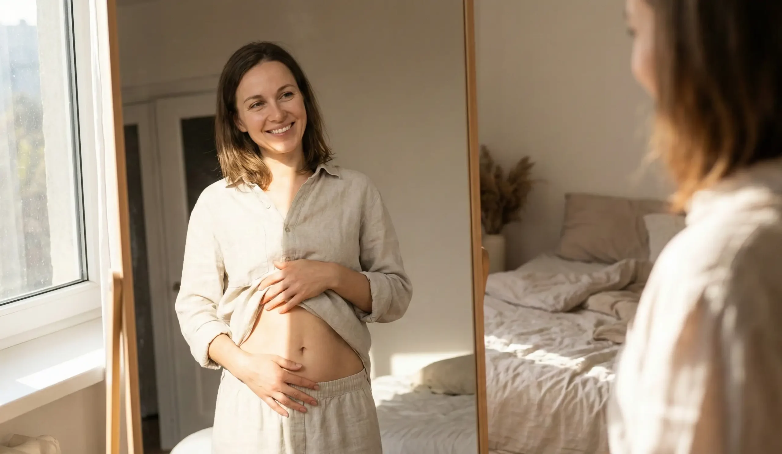 woman admiring flat abdomen mirror