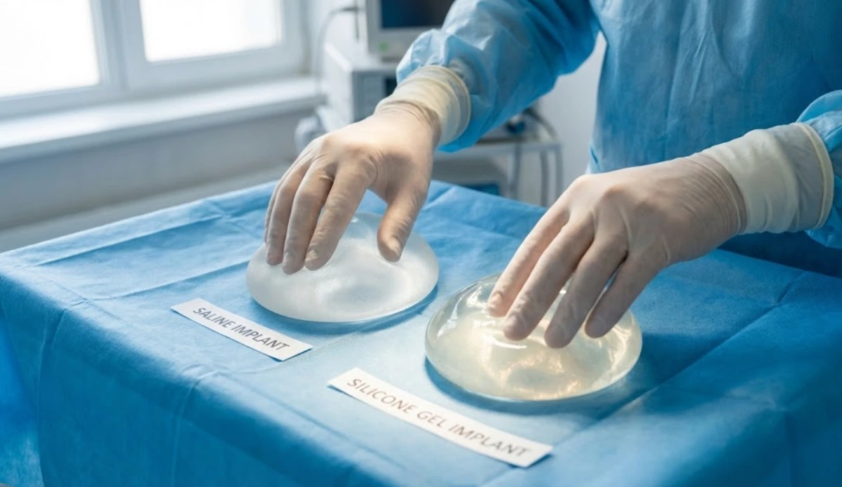 surgeon holding saline vs silicone breast implants
