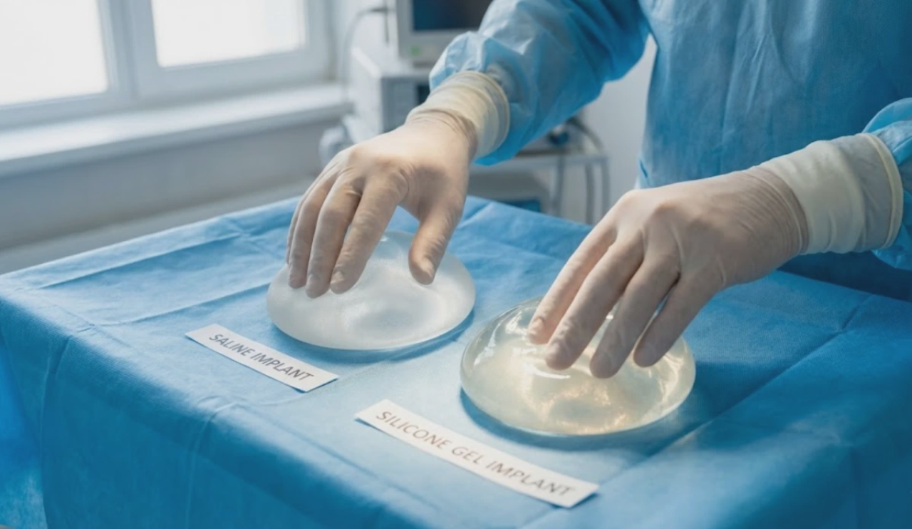surgeon holding saline vs silicone breast implants