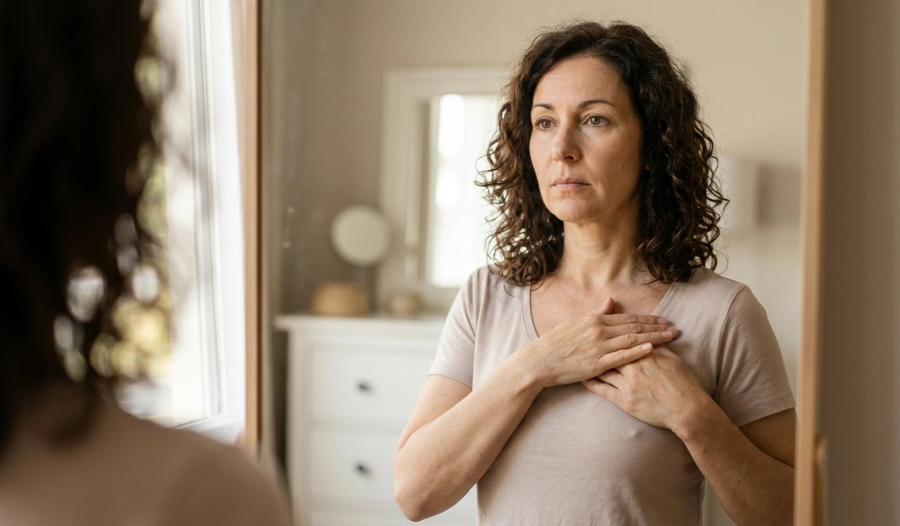 woman checking breast implants concern expression