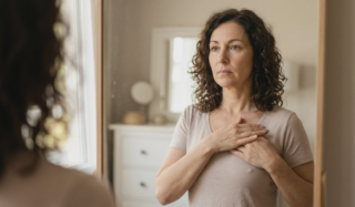 woman checking breast implants concern expression