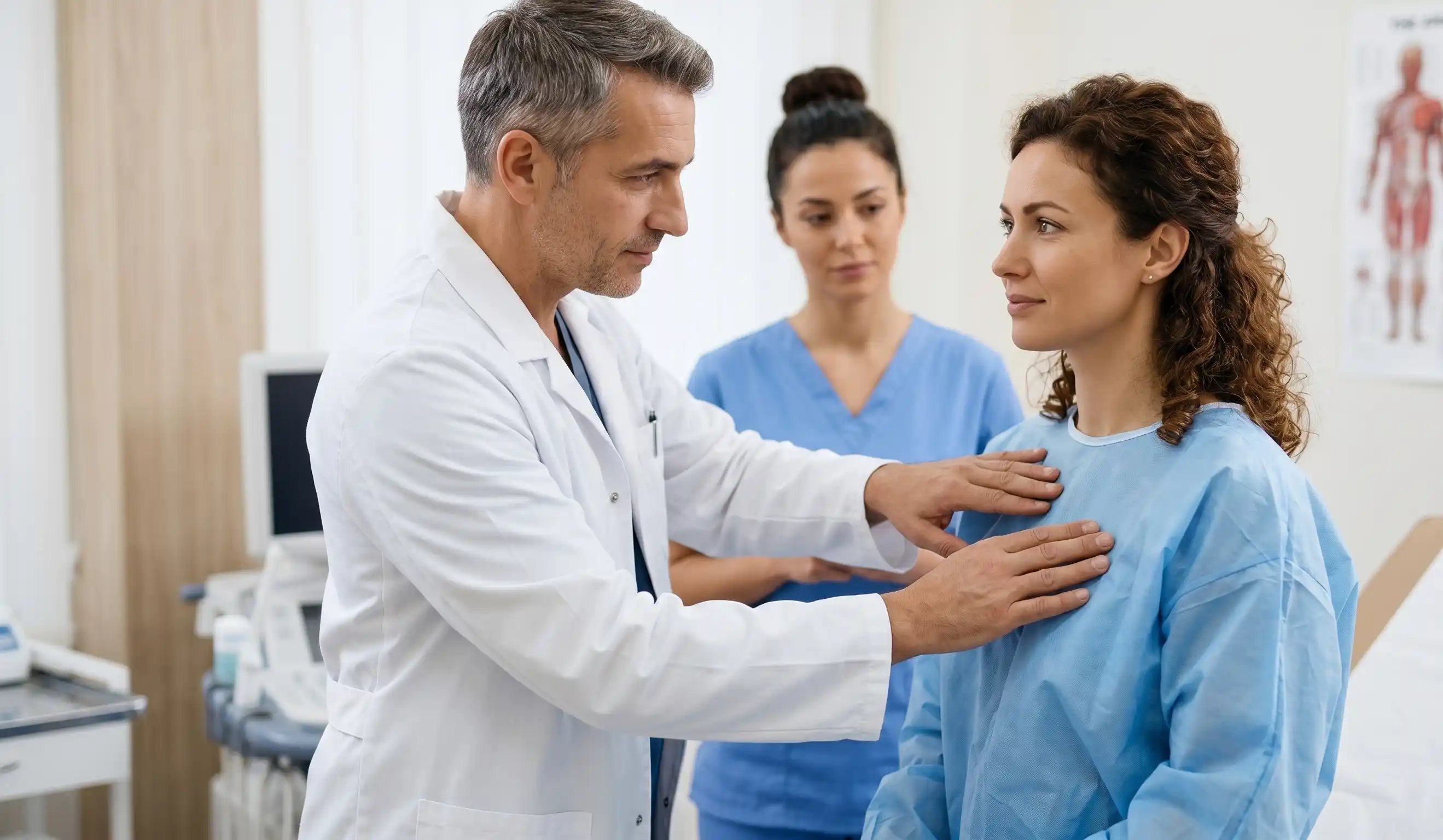 doctor palpating breast tissue exam room