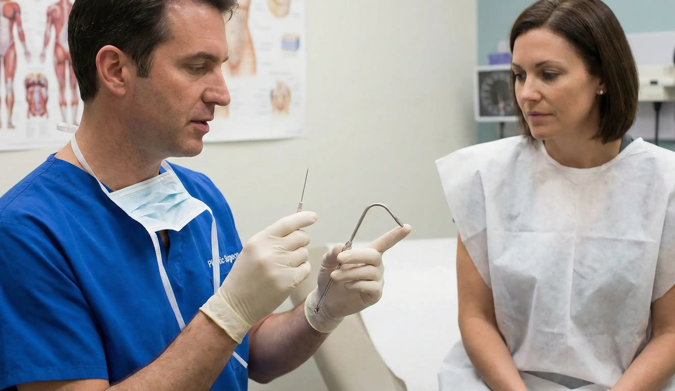 chirurgo plastico che mostra ago vs cannula