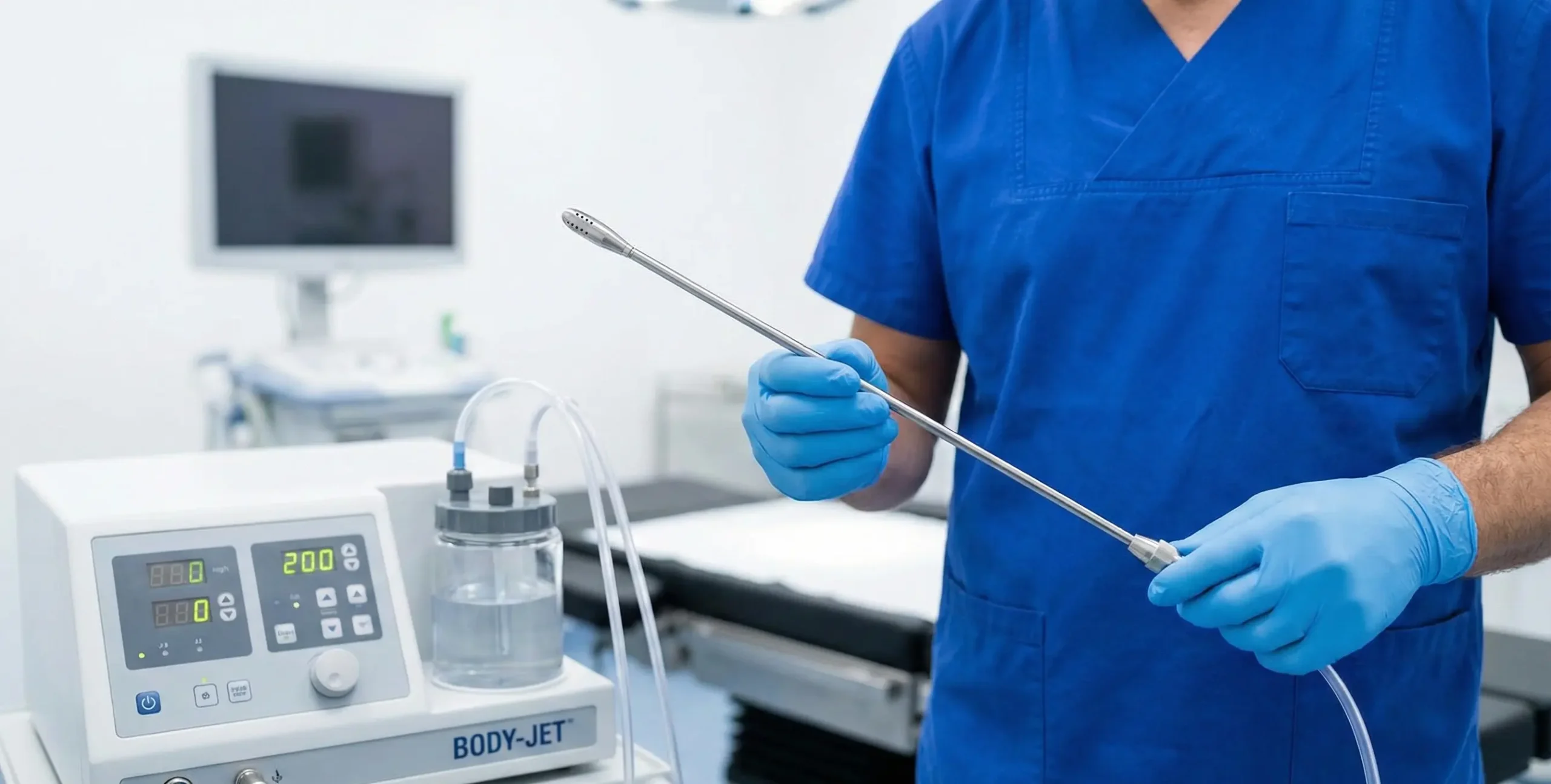 plastic surgeon holding body jet cannula and medical console