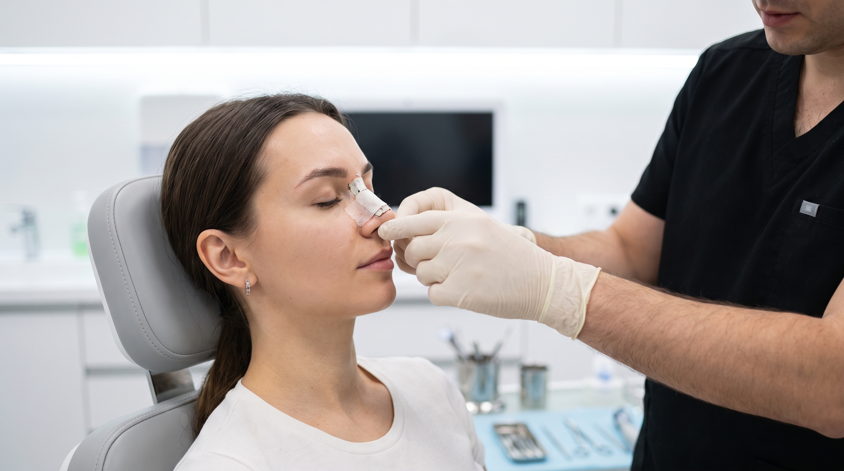 Nose during the critical post-rhinoplasty healing period, requiring gentle care.