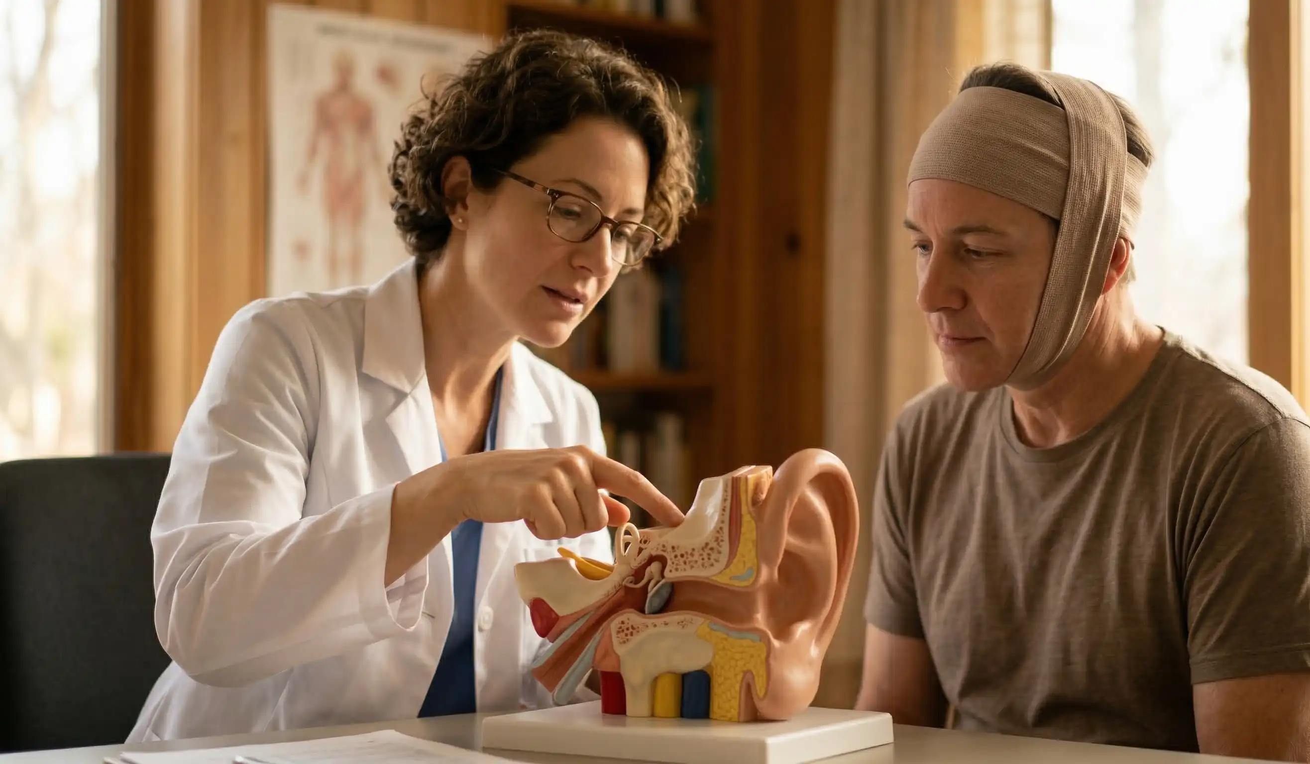 doctor examining male patient ear