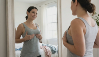 woman mirror test breast lift visualization