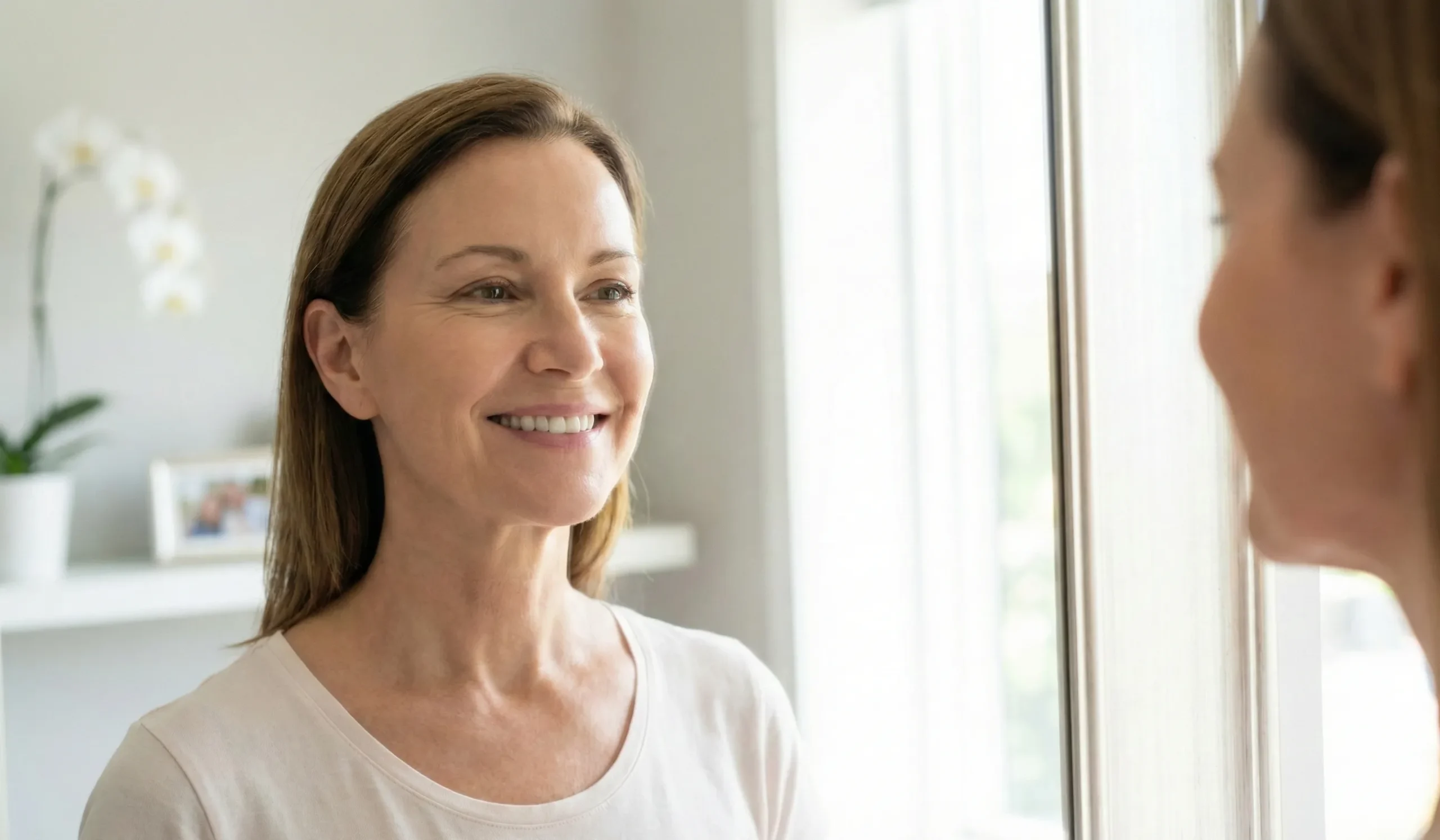 patient smiling at reflection 10 years after facelift natural results