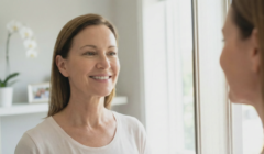patient smiling at reflection 10 years after facelift natural results