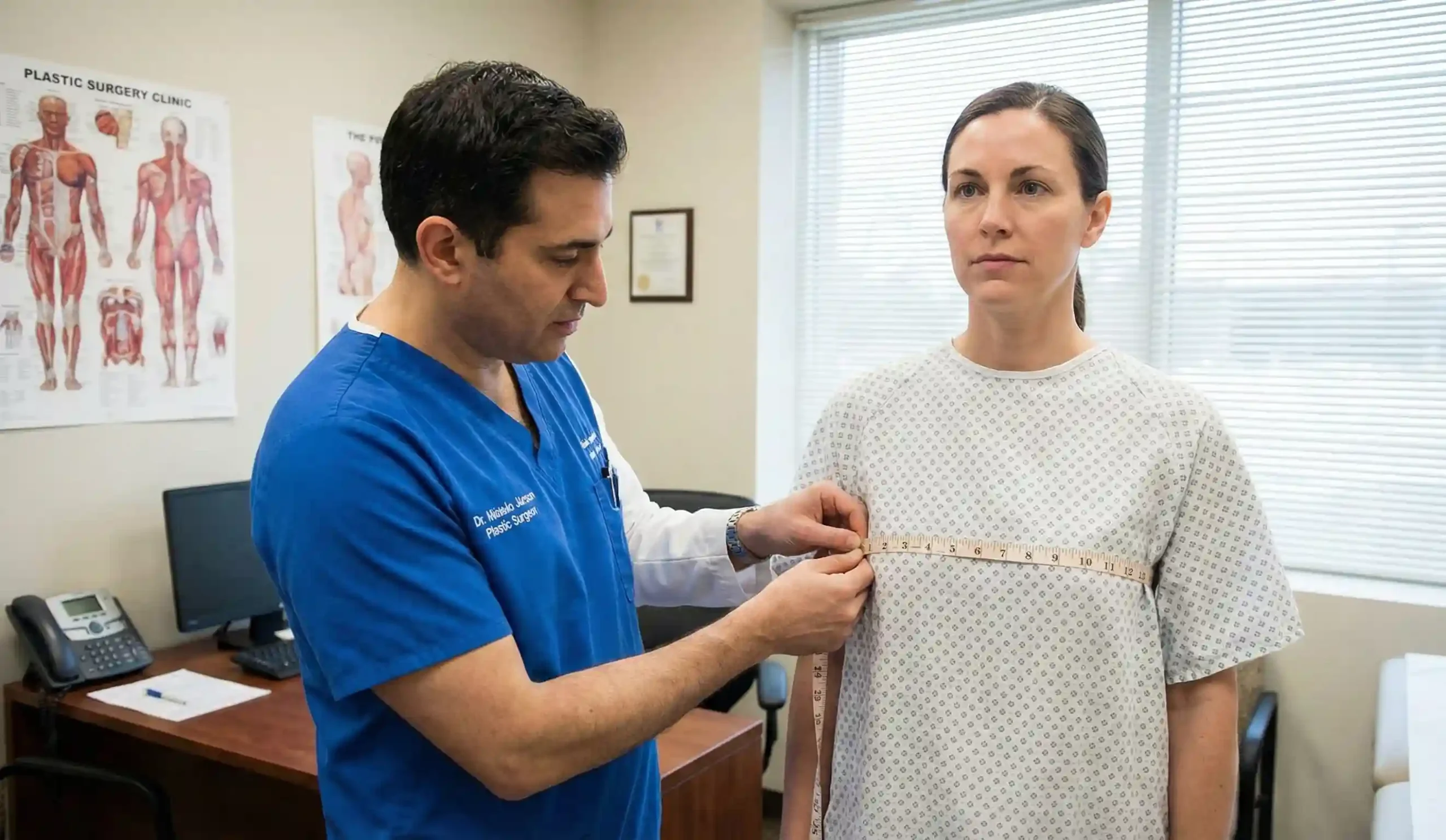 plastic surgeon measuring breast position