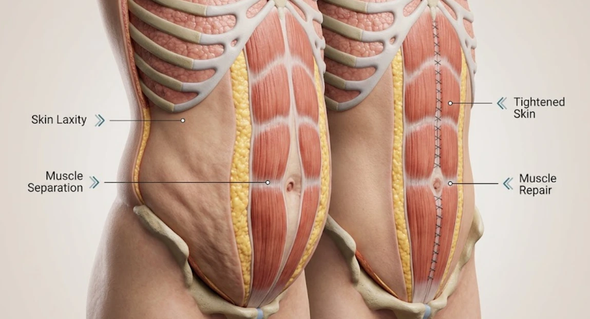 anatomical render abdominoplasty before after comparison