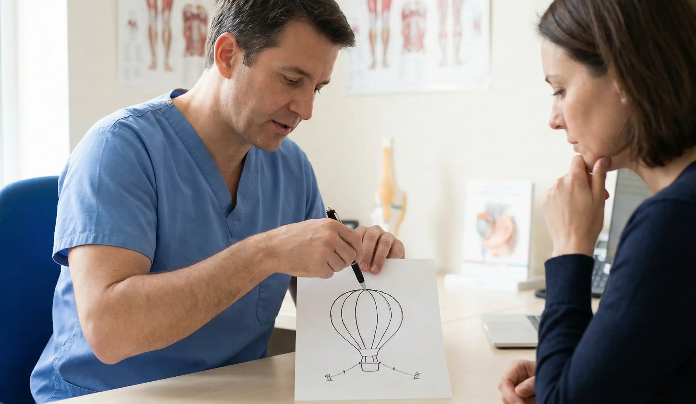 surgeon drawing hot air balloon analogy tethered nipple
