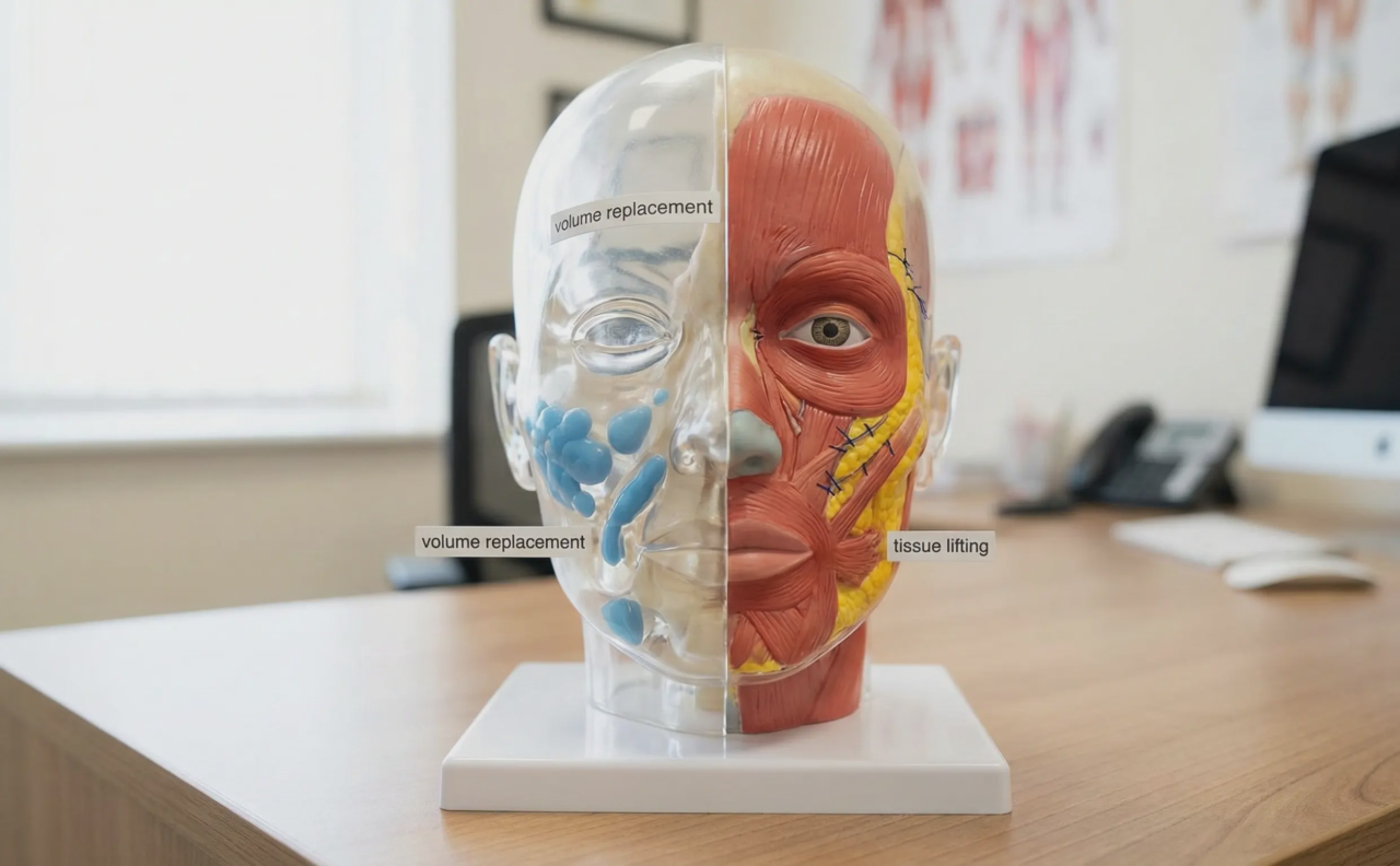anatomical face model fillers vs facelift comparison
