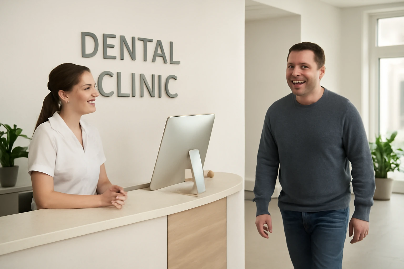 patient walking in for a cosmetic dental appointment