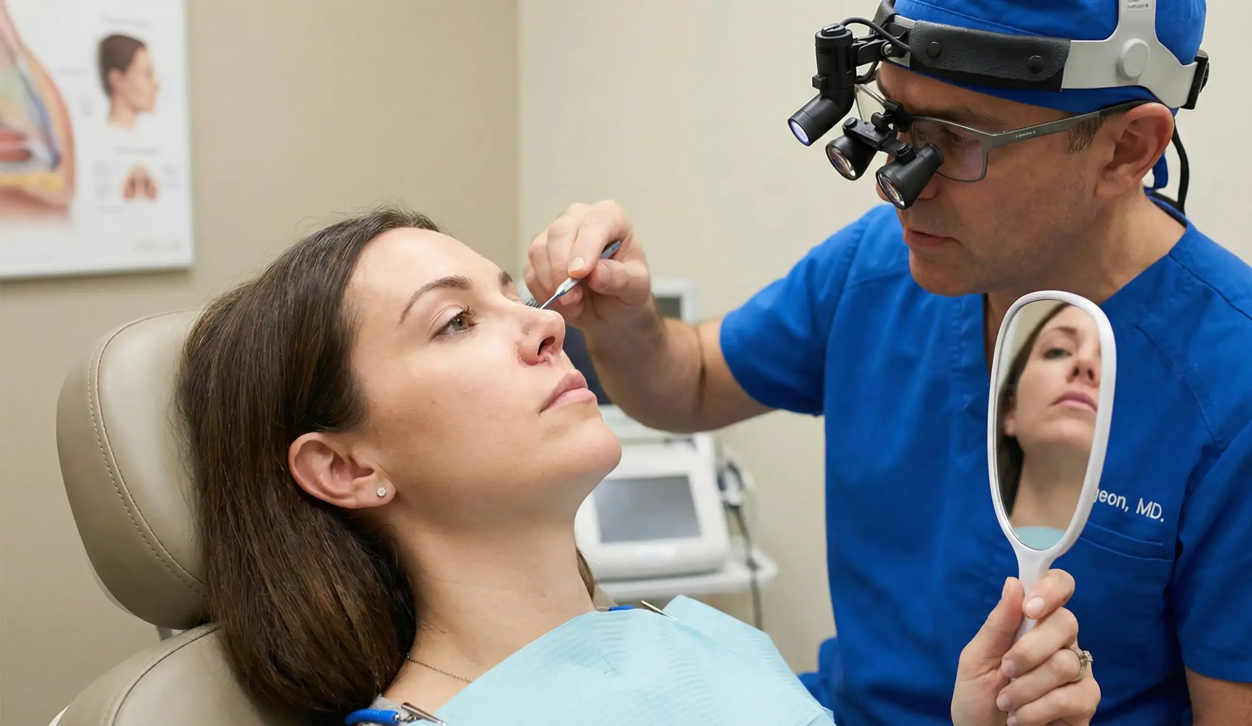 surgeon examining columellar incision loupe