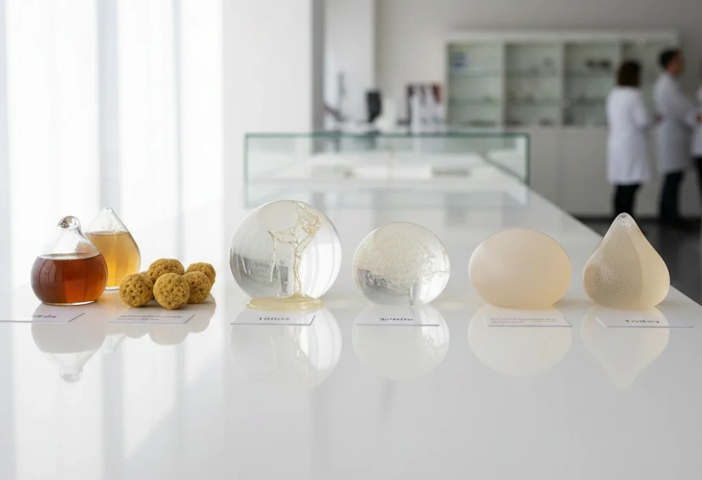 timeline style display showing the evolution of breast implant