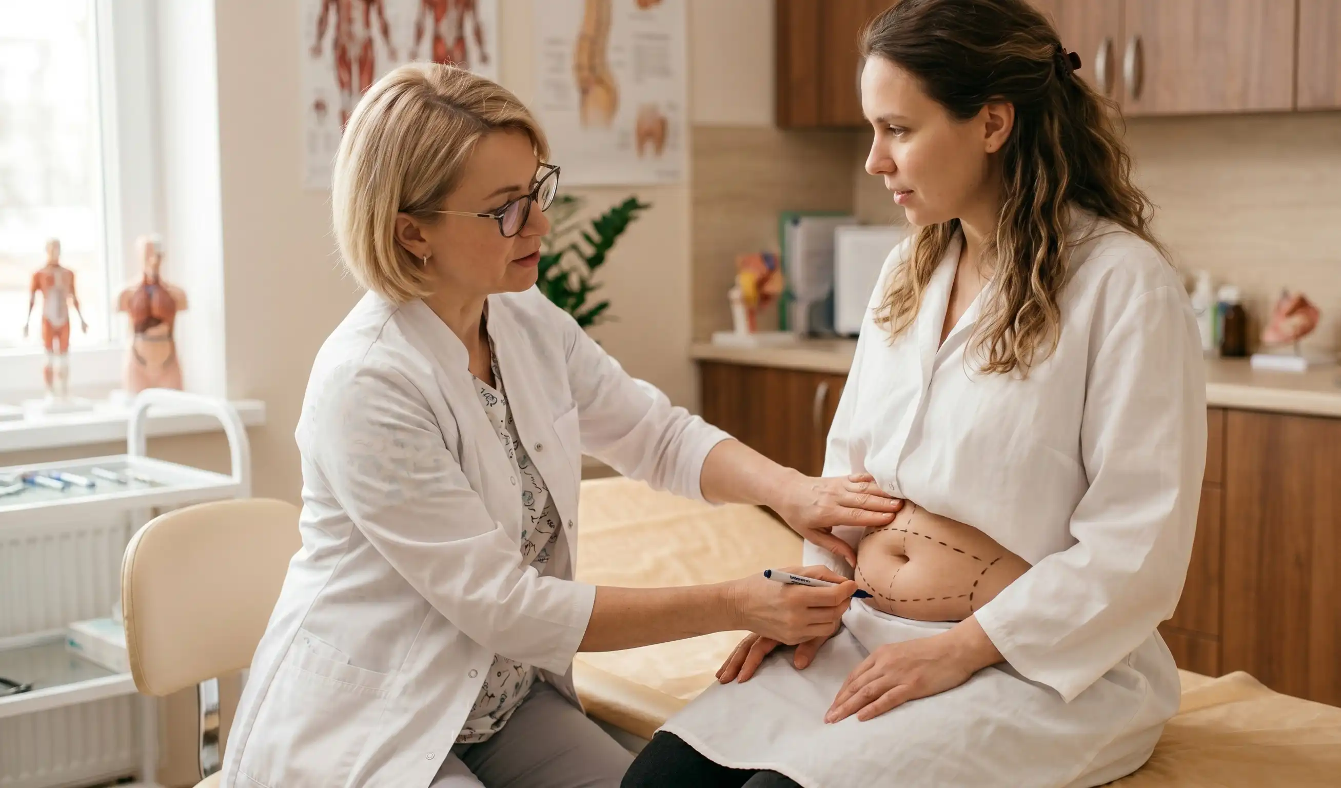 doctor examining patients abdomen for tummy tuck surgery