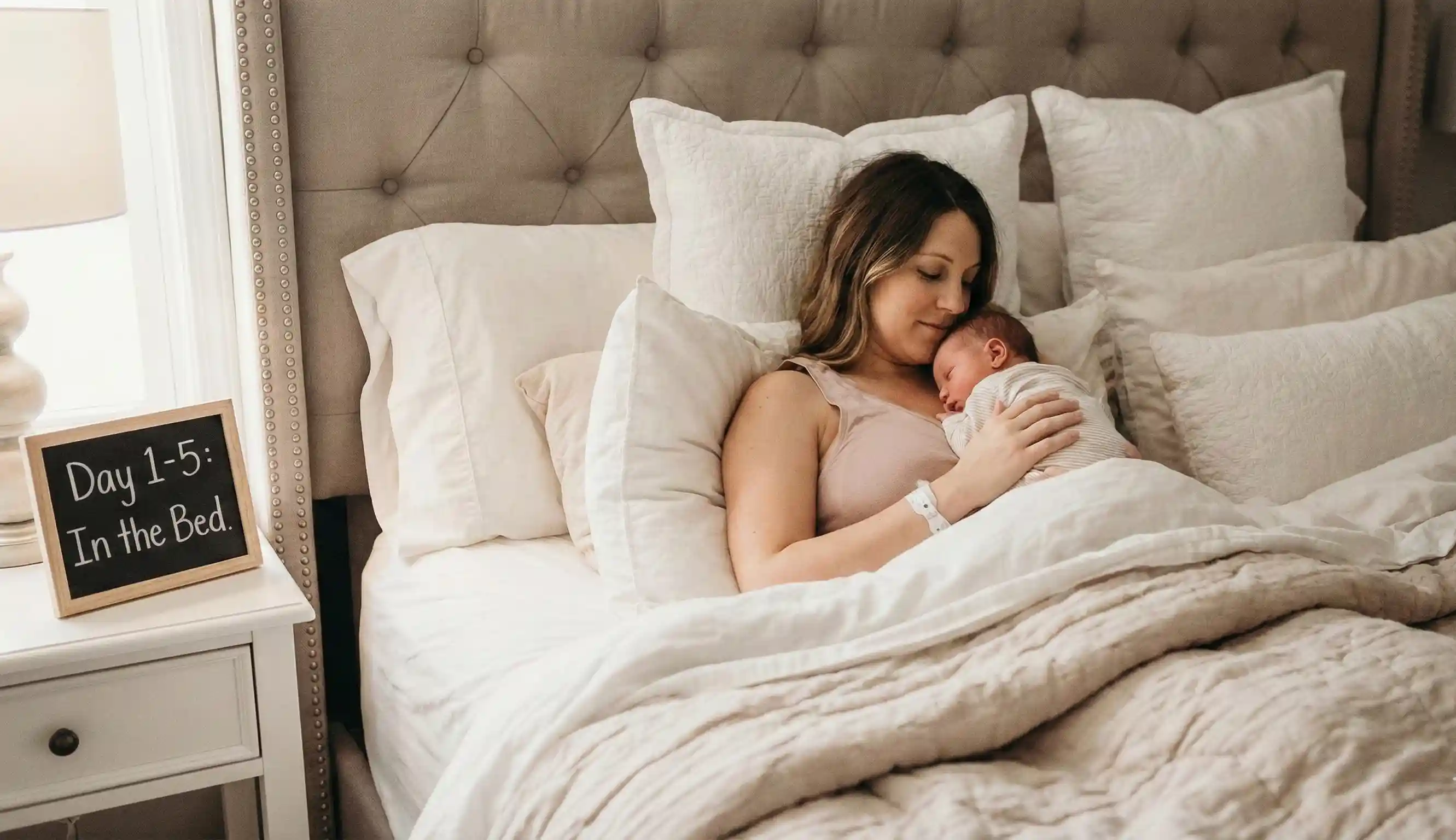 mother and newborn resting in bed postpartum recovery day one to five
