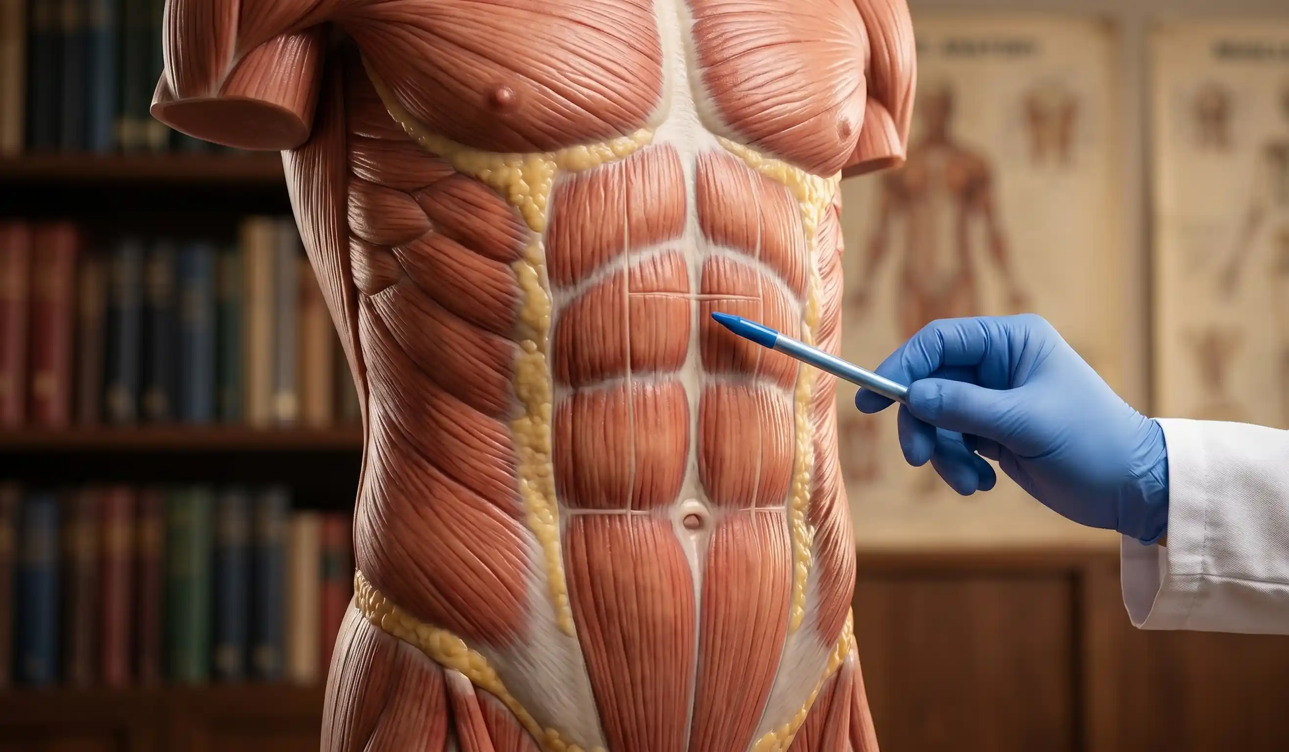 doctor pointing at realistic abdominal muscle model