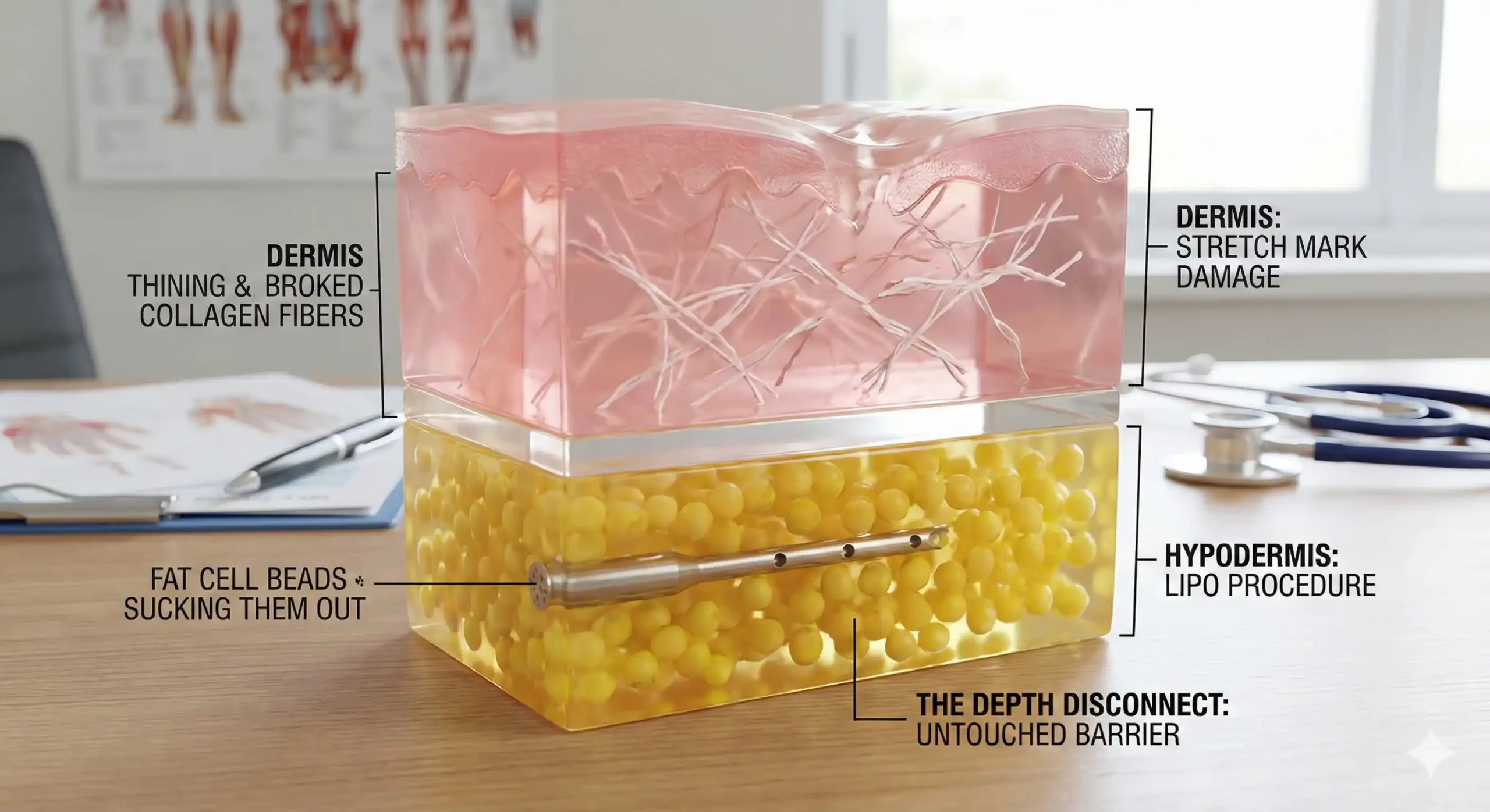 anatomical skin model liposuction depth vs stretch mark damage