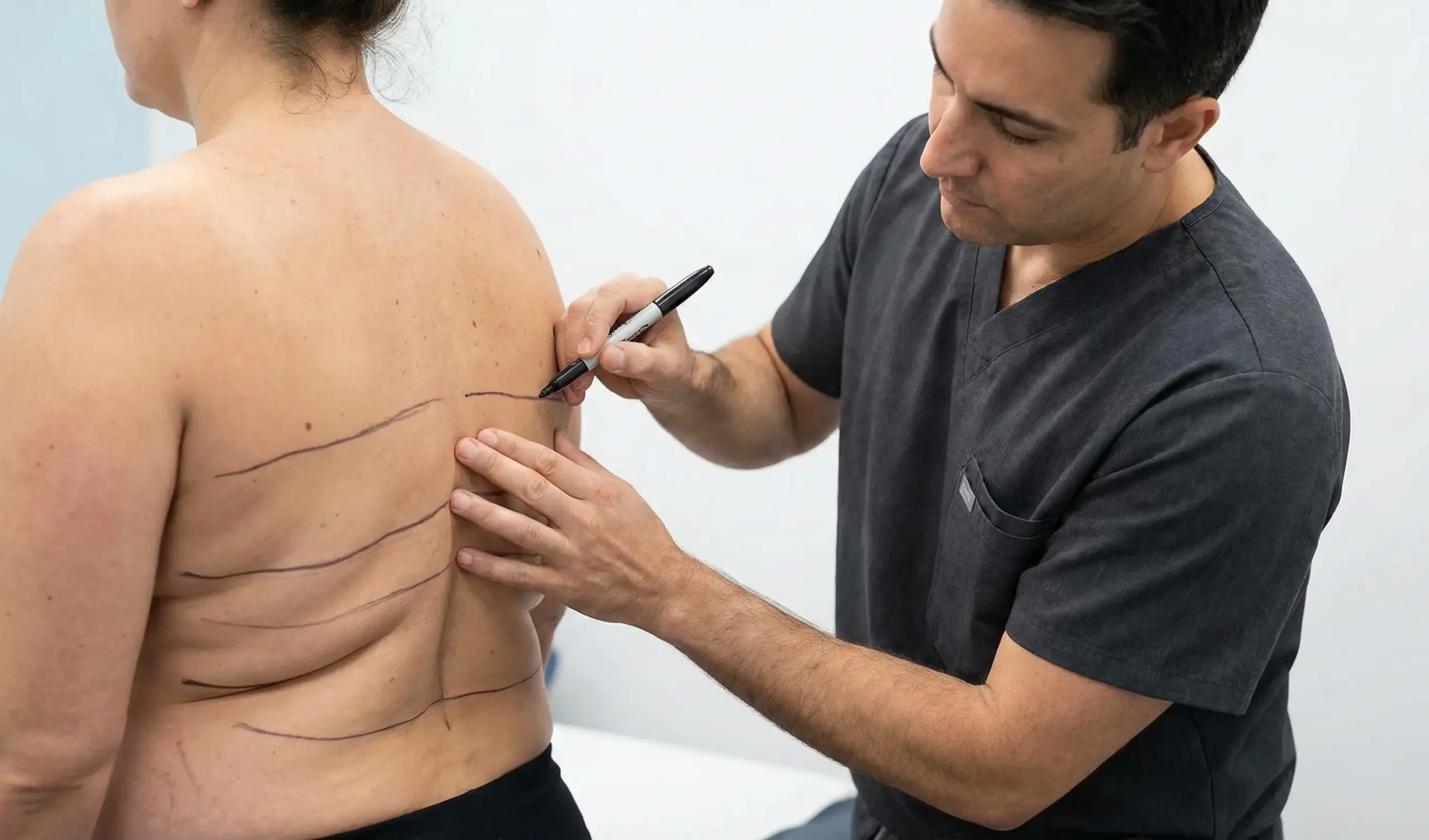 plastic surgeon marking back rolls for liposuction consultation