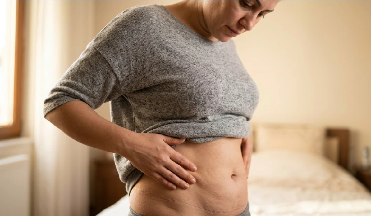 woman examining abdominal scars after liposuction