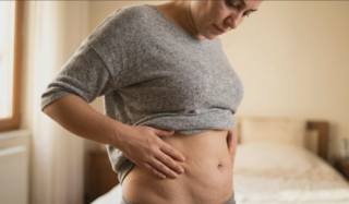 woman examining abdominal scars after liposuction