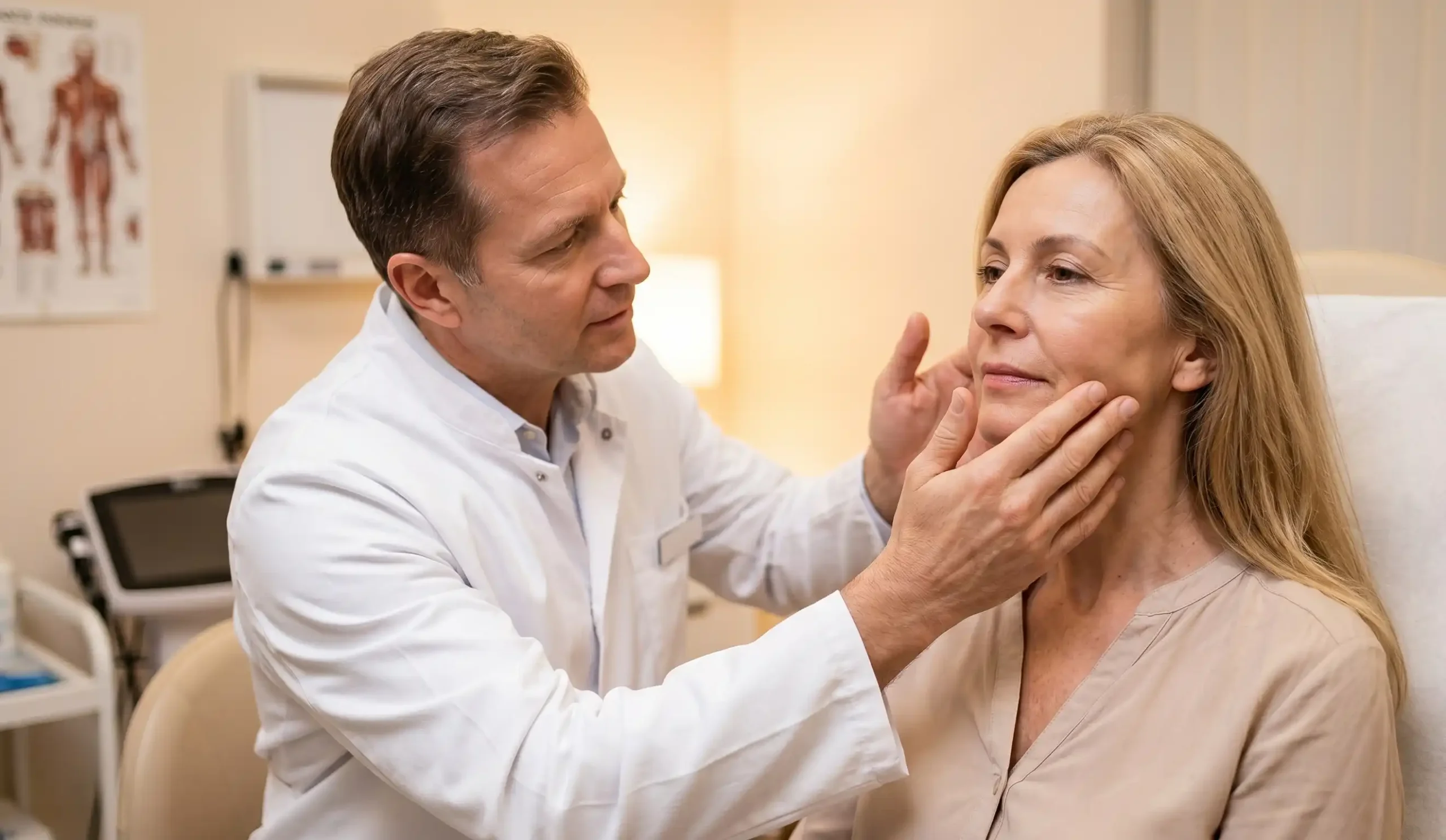 doctor examining patients face for facelift