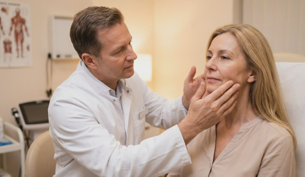 doctor examining patients face for facelift