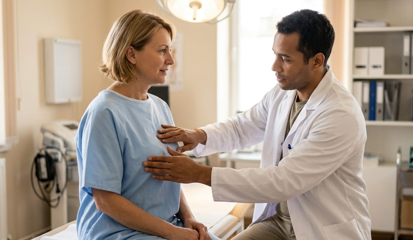 clinical examination doctor palpating post operative breast implants