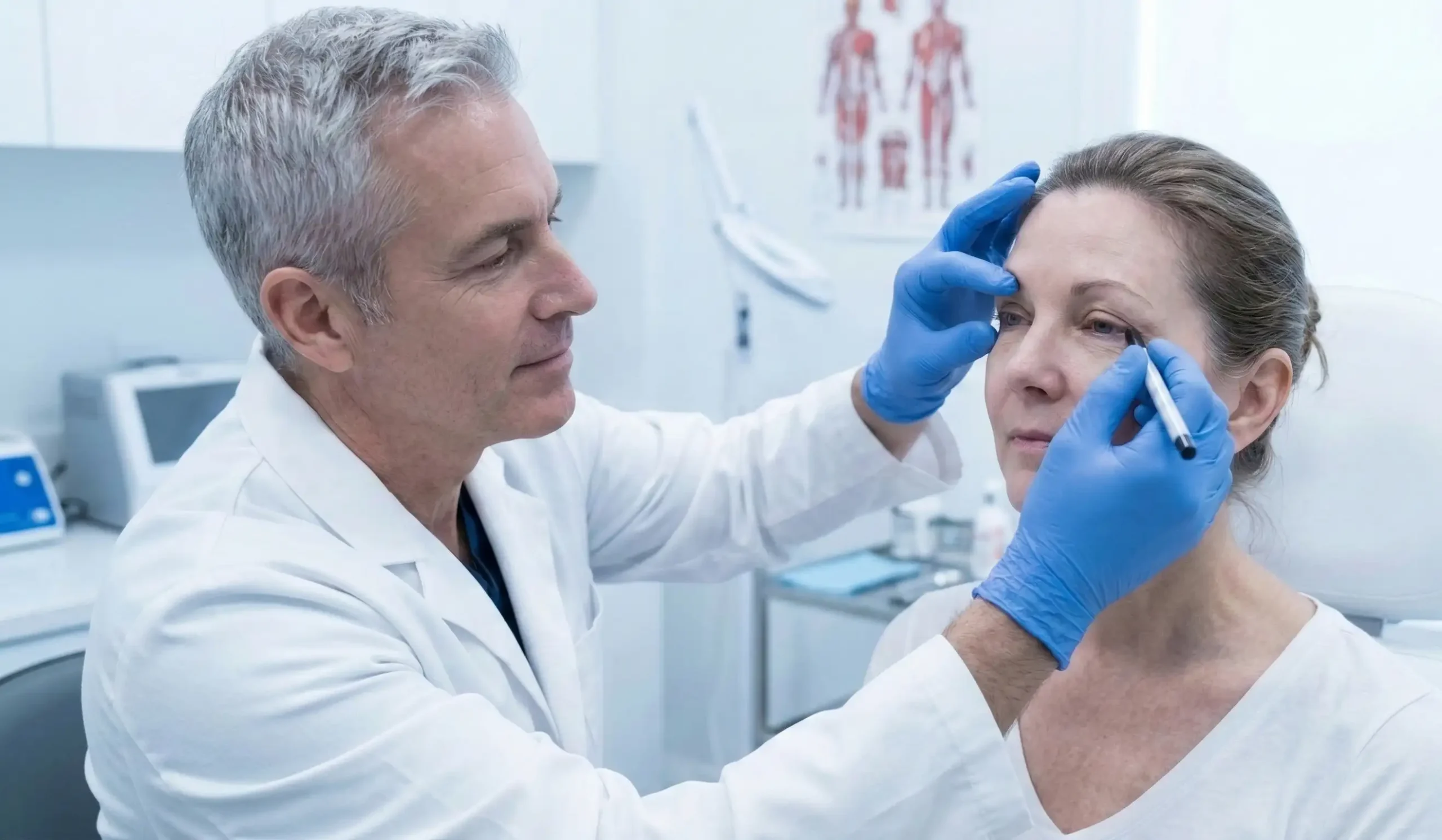 doctor examining blepharoplasty patient pre surgery