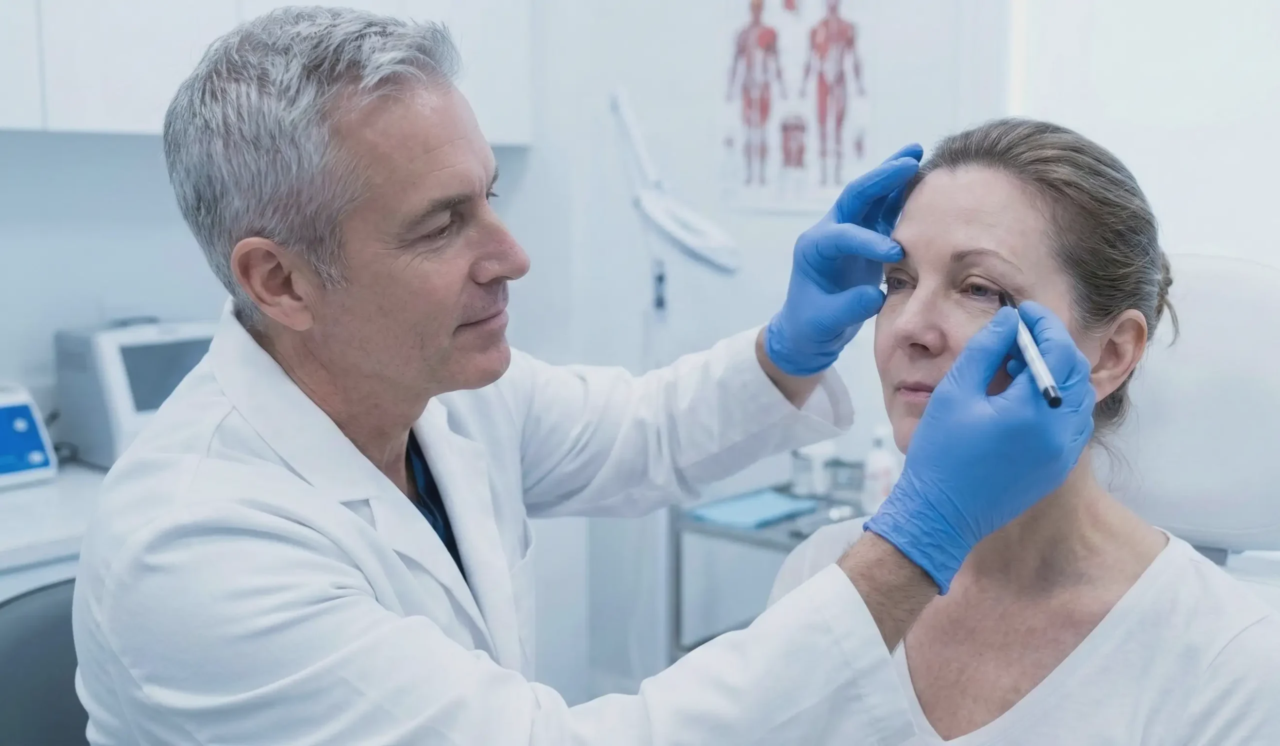 doctor examining blepharoplasty patient pre surgery