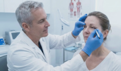doctor examining blepharoplasty patient pre surgery