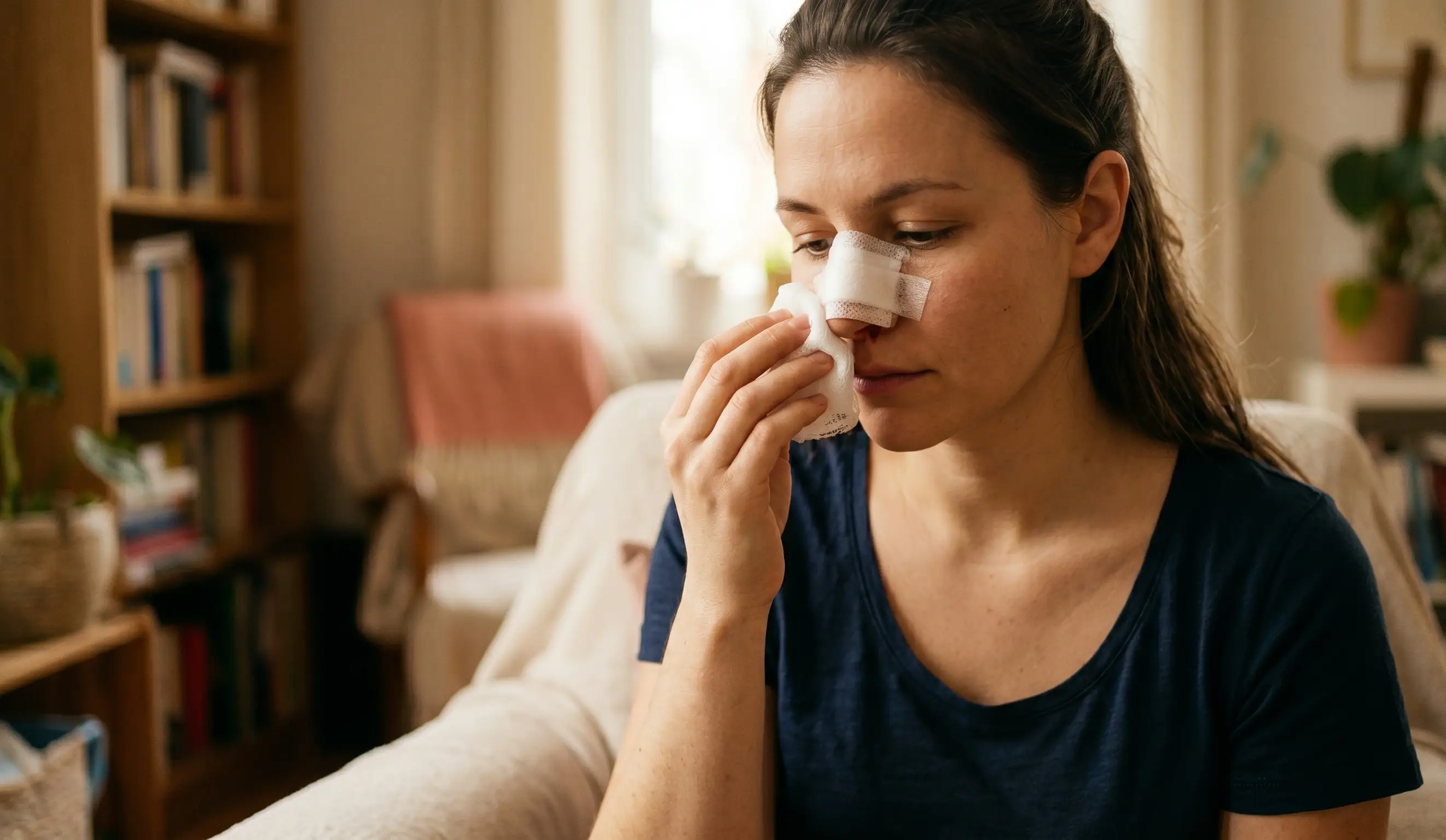 candid shot woman managing nosebleed after rhinoplasty