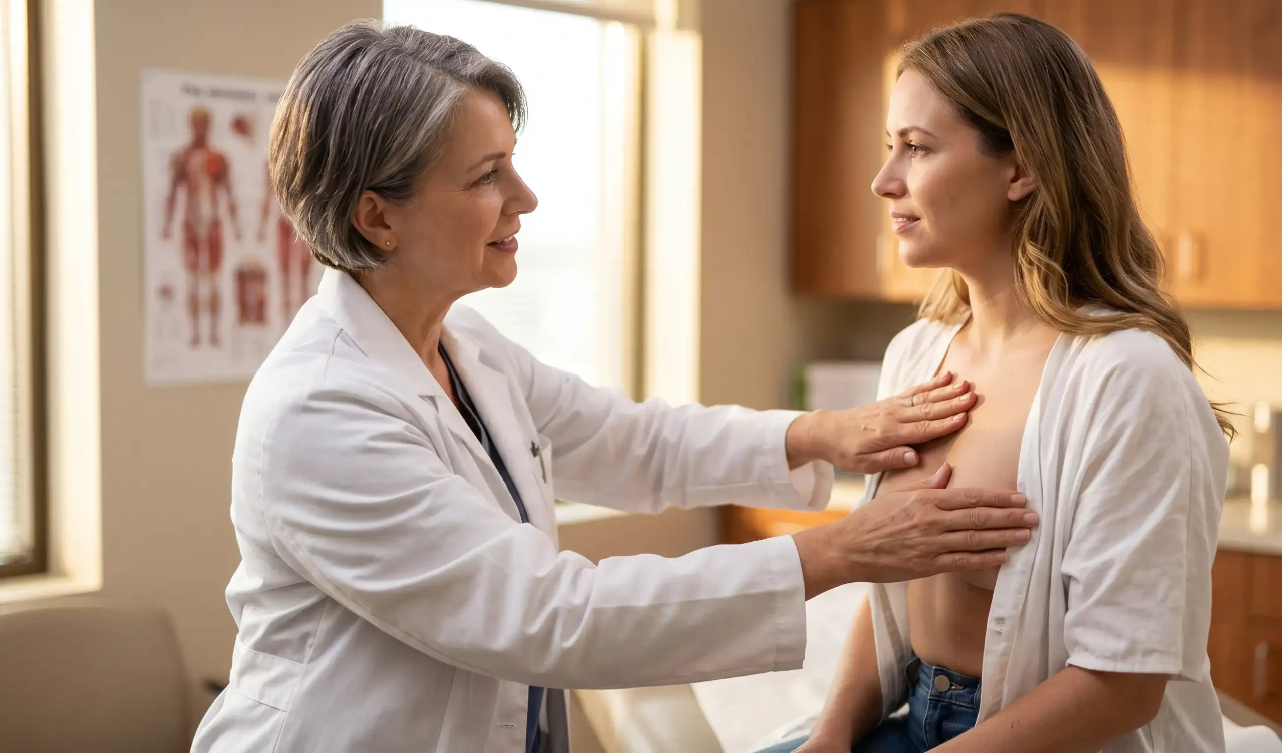 clinic doctor examining long lasting saline breast implants