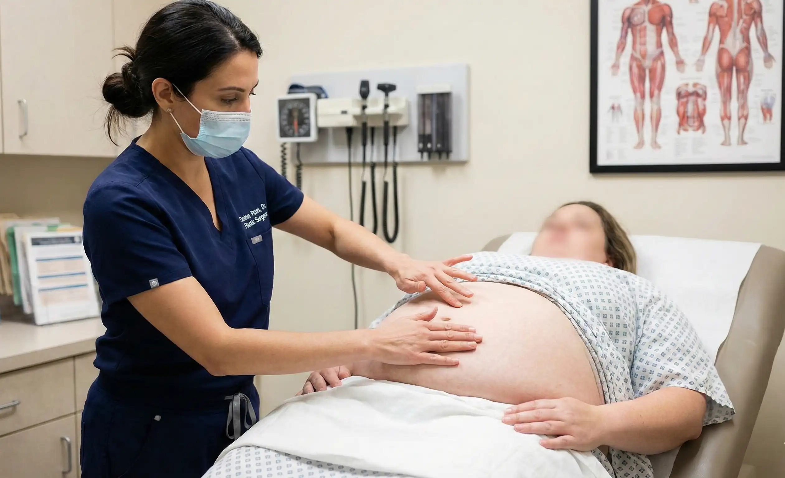 plastic surgeon examining patient stomach firmness