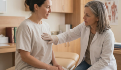 clinical doctor examining female patient chest tissue consultation