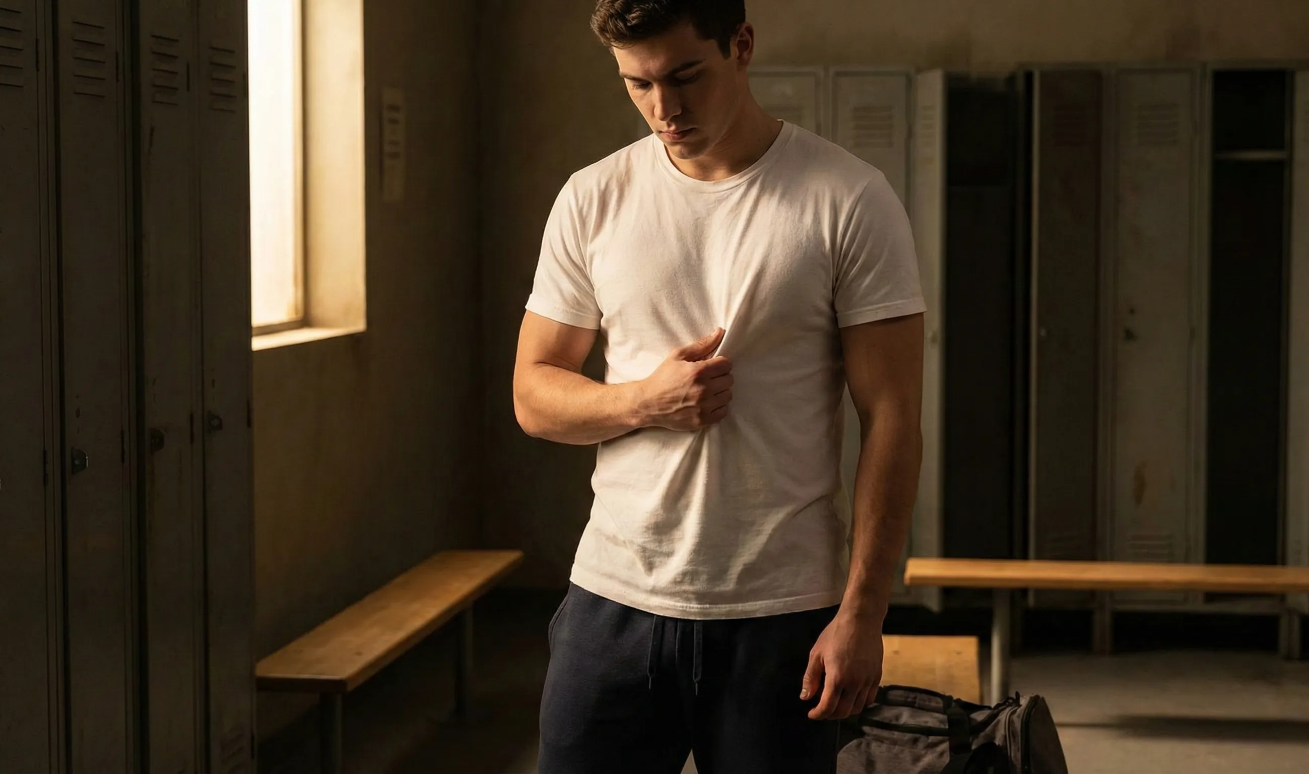 man white tshirt gynecomastia concealment anxiety