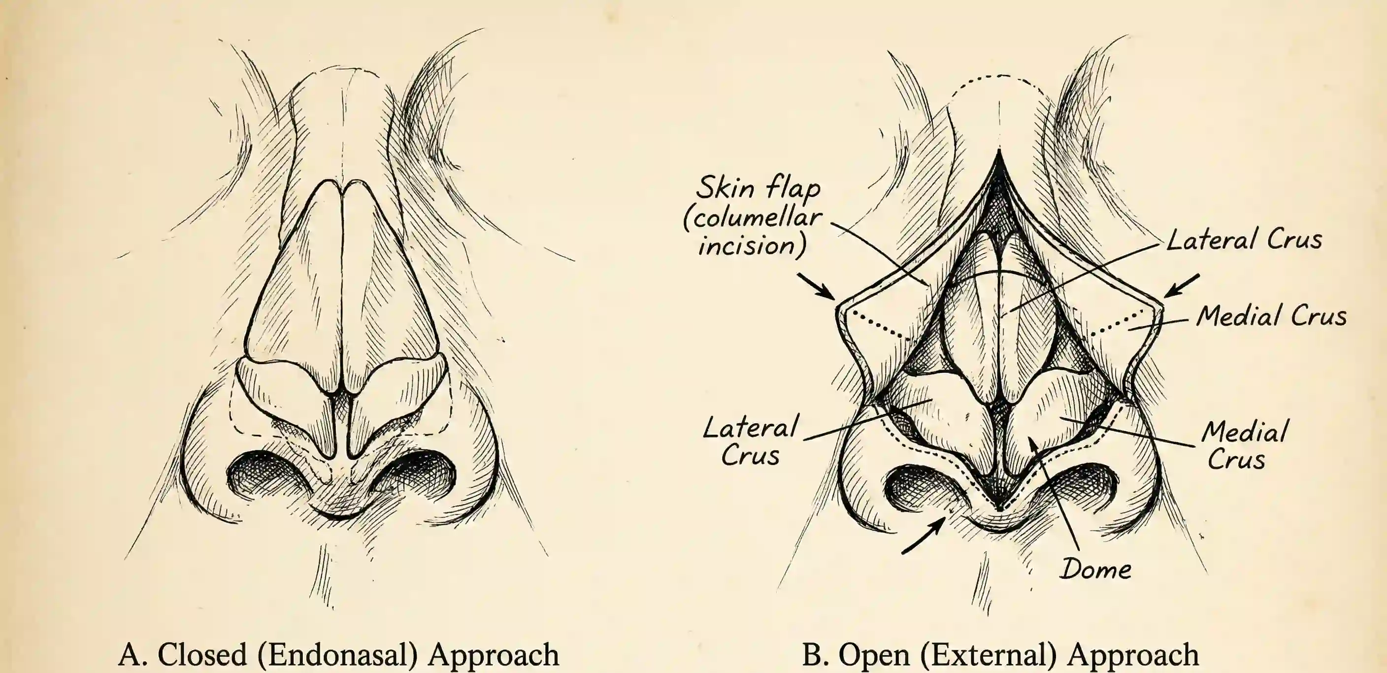 schizzo anatomico vintage open vs closed rhinoplasty