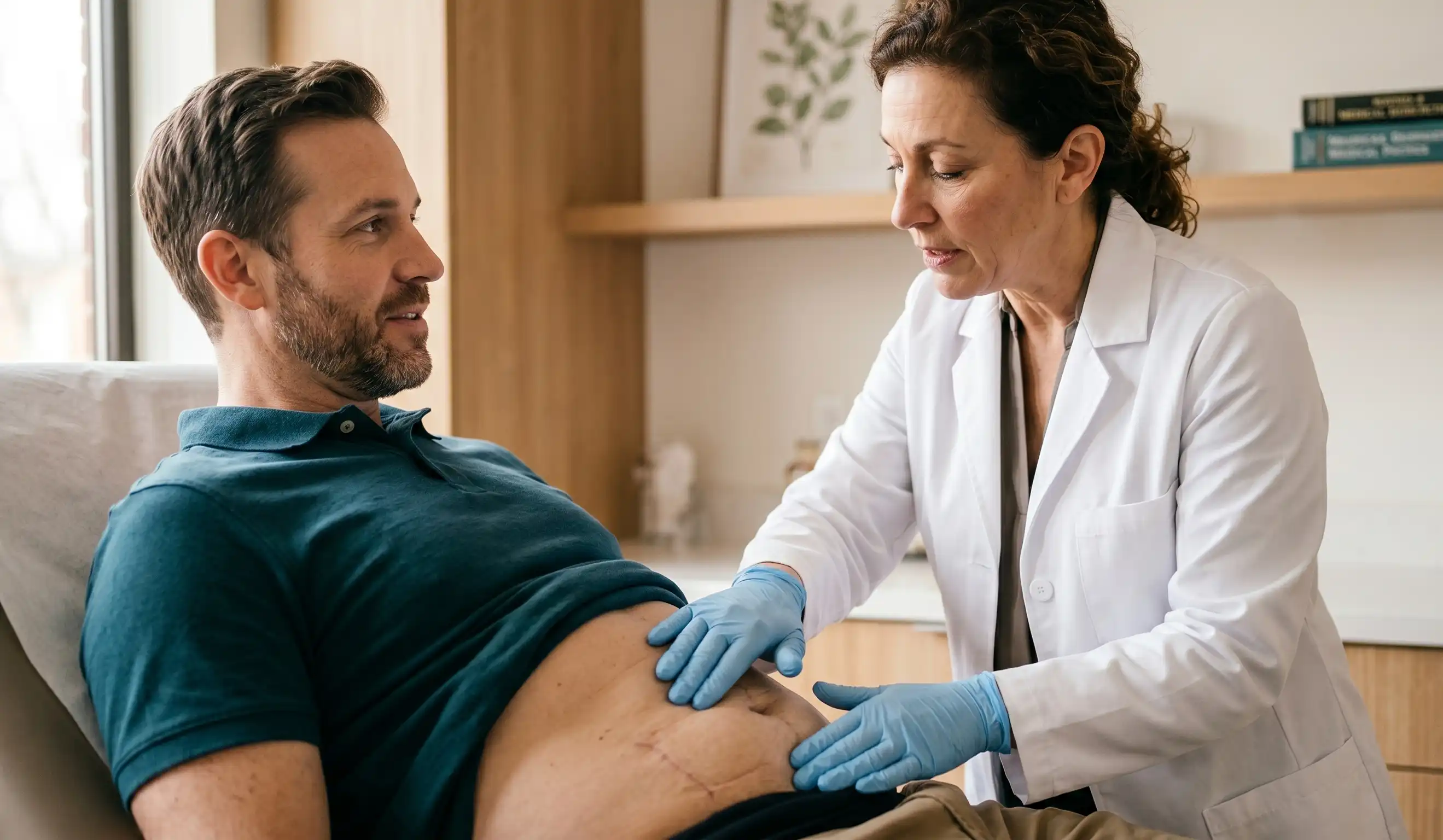 doctor palpating abdomen clinical exam