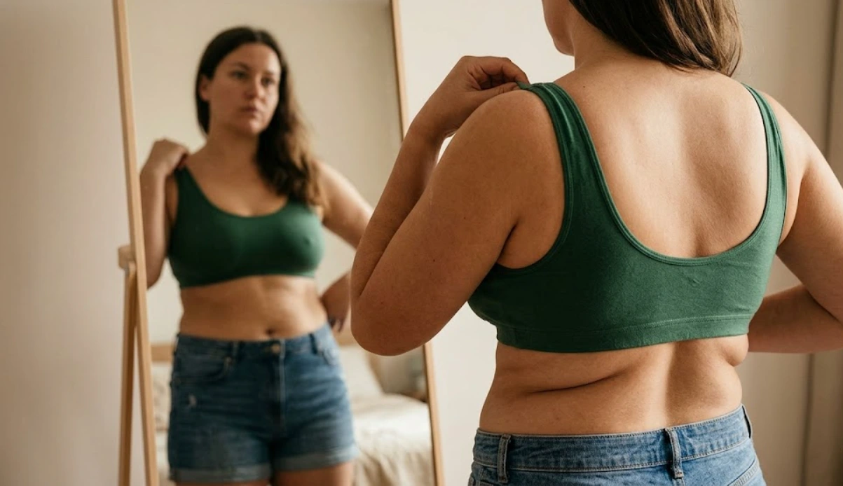 woman showing back fat natural pose