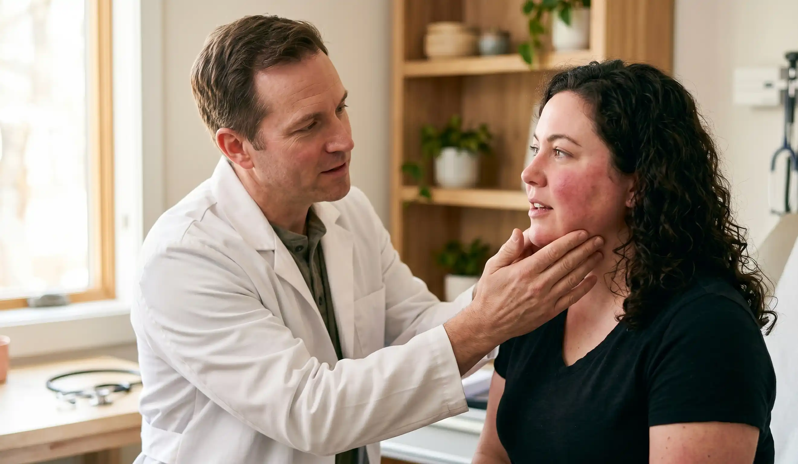 clinic doctor examining moon face patient