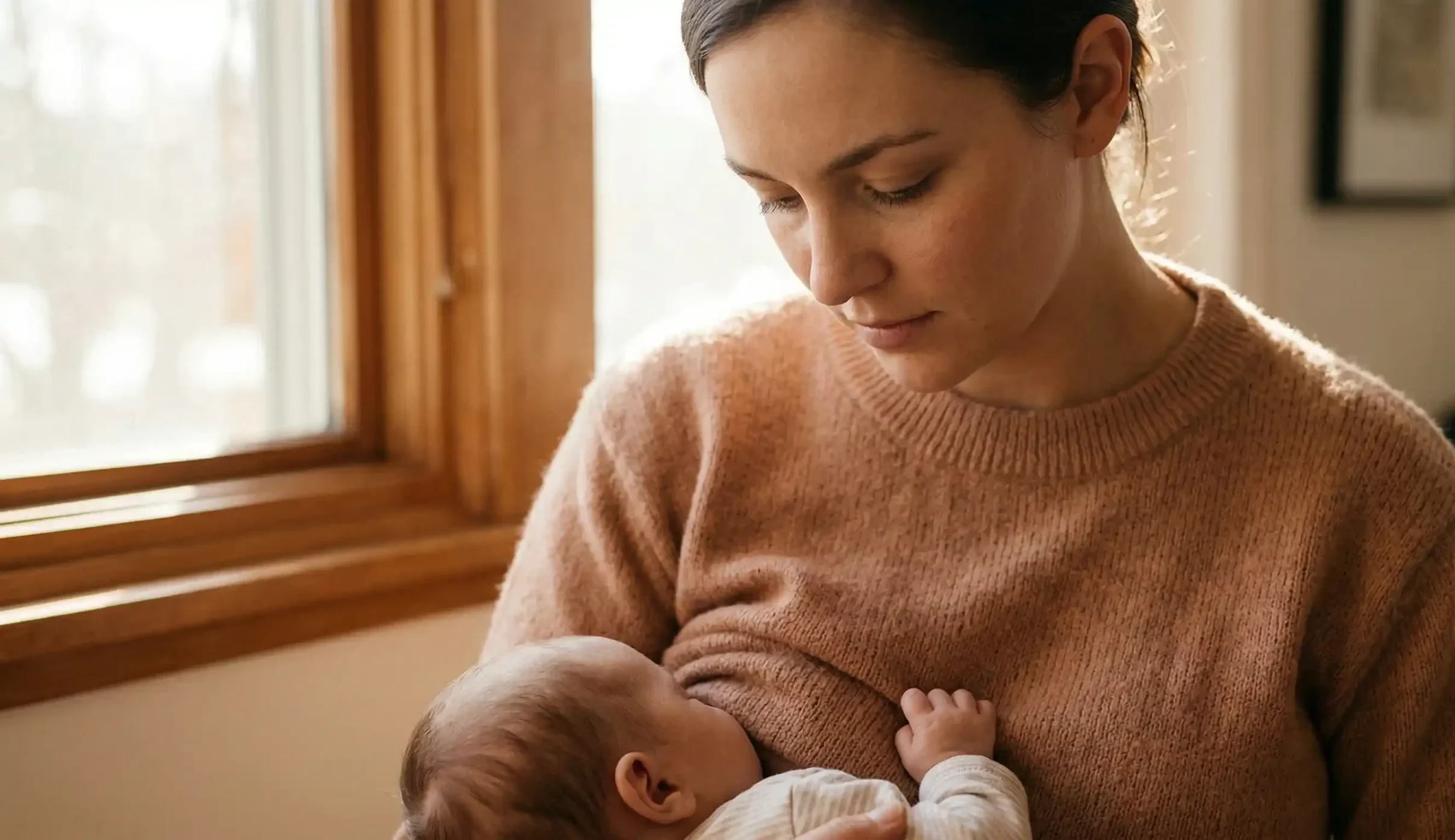 thoughtful mother holding infant breastfeeding concerns
